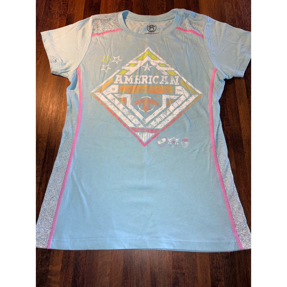 American Fighter Womens Light Blue Graphic Tee Silver Glitter Mesh Panels Large